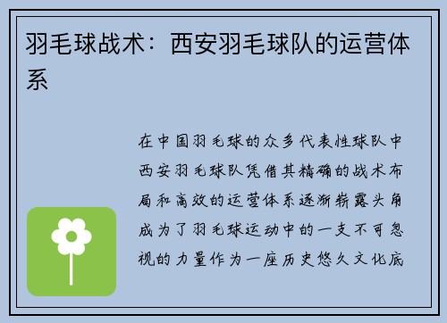 羽毛球战术：西安羽毛球队的运营体系