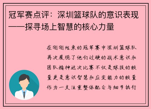 冠军赛点评：深圳篮球队的意识表现——探寻场上智慧的核心力量