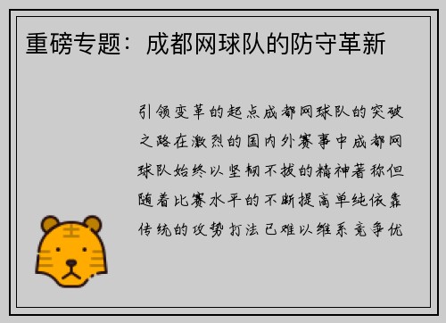 重磅专题：成都网球队的防守革新