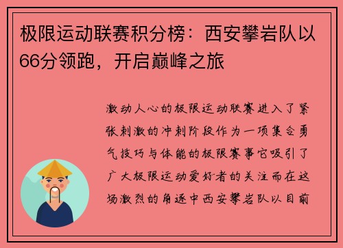 极限运动联赛积分榜：西安攀岩队以66分领跑，开启巅峰之旅