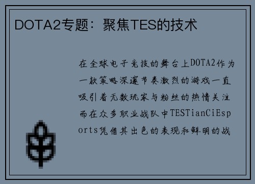 DOTA2专题：聚焦TES的技术