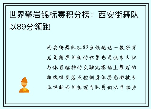 世界攀岩锦标赛积分榜：西安街舞队以89分领跑