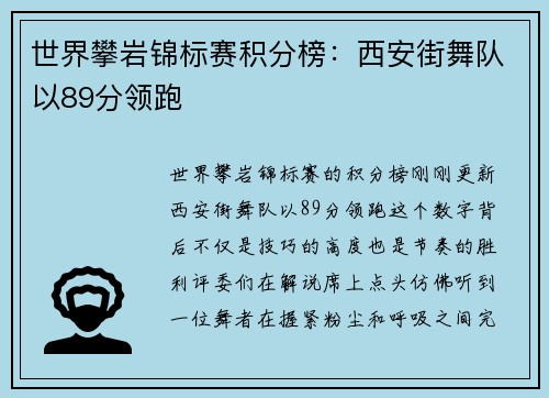 世界攀岩锦标赛积分榜：西安街舞队以89分领跑